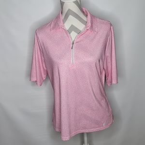 Womans GG Blue Lux Sport Pink Polka Dots Zip neck Golf Shirt Short Sleeve Size L